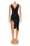 Black Fashion Sexy Solid Backless Slit V Neck Sleeveless Dress