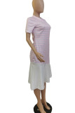 Pink Casual Striped Print Patchwork Asymmetrical O Neck Irregular Dress Dresses
