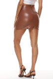 Brown Fashion Casual Lips Printed Slit Skinny High Waist Skirt