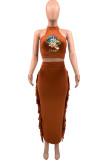 Coffee Sexy Casual Lips Printed Tassel Backless O Neck Sleeveless Two Pieces