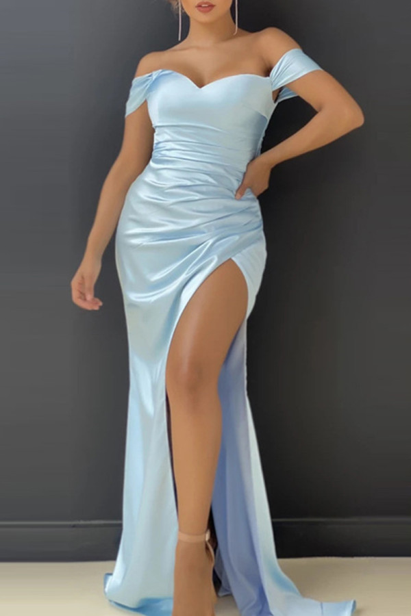 Blue Fashion Sexy Solid Backless Slit Off the Shoulder Evening Dress Dresses