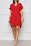 Red Fashion Casual Solid Patchwork V Neck Short Sleeve Dress