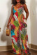 Red Casual Print Patchwork Halter Straight Jumpsuits