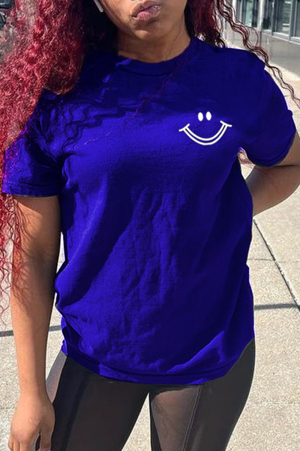 Blue Fashion Casual Print Basic O Neck T-Shirts
