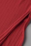Red Casual Solid Patchwork Backless Slit Halter Straight Jumpsuits