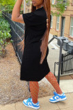 Black Fashion Casual Print Slit O Neck Short Sleeve Dress