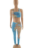 Cyan Sexy Print Patchwork Spaghetti Strap Sleeveless Two Pieces