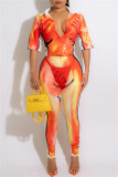 Orange Fashion Casual Print Basic Turndown Collar Short Sleeve Two Pieces