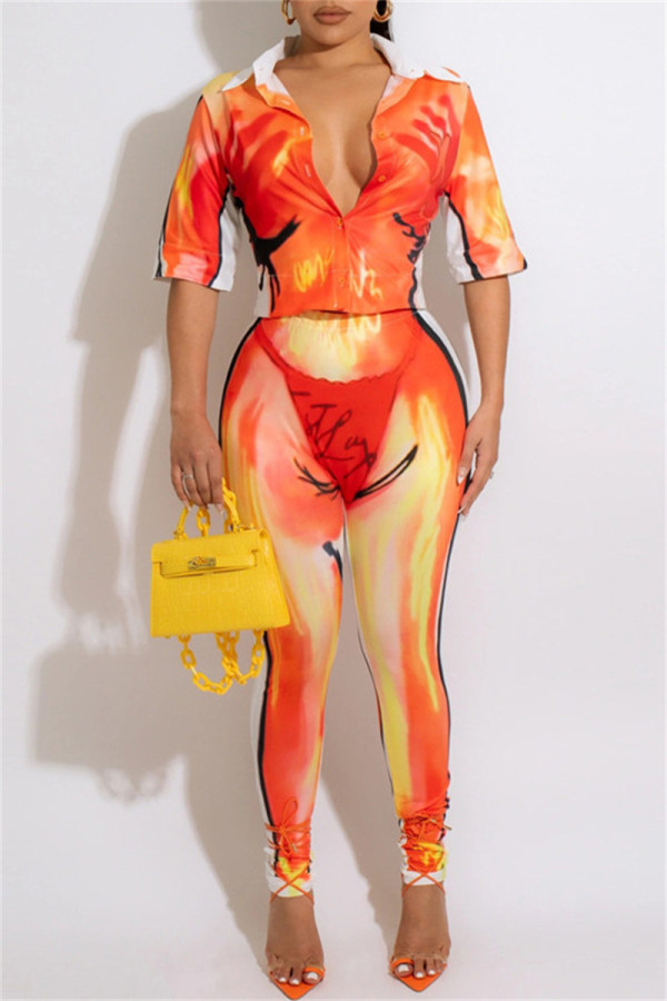 Orange Fashion Casual Print Basic Turndown Collar Short Sleeve Two Pieces