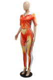 Orange Fashion Casual Print Basic Turndown Collar Short Sleeve Two Pieces