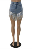 Light Blue Fashion Casual Patchwork Tassel Sequins Beading High Waist Skinny Denim Shorts