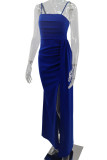 Blue Fashion Sexy Solid Patchwork Backless Spaghetti Strap Evening Dress