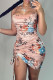 Pink Fashion Sexy Print Draw String Backless Spaghetti Strap Sleeveless Dress