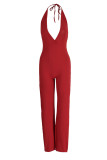 Red Casual Solid Patchwork Backless Slit Halter Straight Jumpsuits
