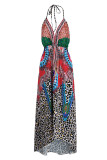 Turquoise Fashion Sexy Print Bandage Backless Spaghetti Strap Long Dress