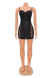 Apricot Fashion Sexy Patchwork See-through Backless Spaghetti Strap Sleeveless Dress