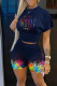 Deep Blue Casual Print Patchwork O Neck Short Sleeve Two Pieces