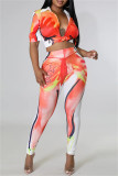 Orange Fashion Casual Print Basic Turndown Collar Short Sleeve Two Pieces