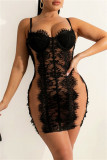 Apricot Fashion Sexy Patchwork See-through Backless Spaghetti Strap Sleeveless Dress