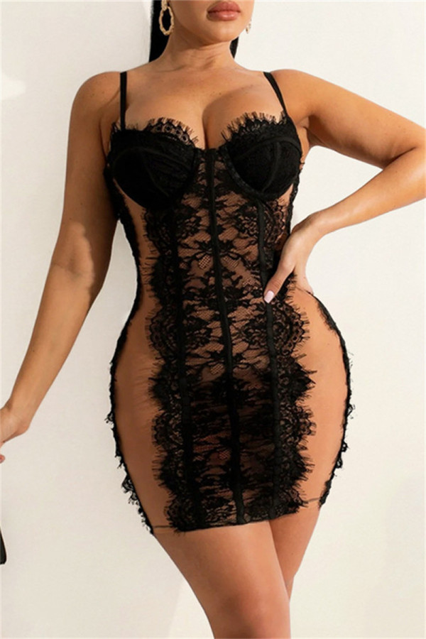 Apricot Fashion Sexy Patchwork See-through Backless Spaghetti Strap Sleeveless Dress