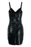 Black Fashion Sexy Solid Patchwork Backless V Neck Sling Dress