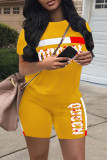 Yellow Fashion Casual Letter Print Basic O Neck Short Sleeve Two Pieces