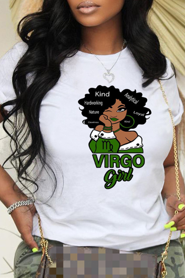 White Fashion Casual Print Basic O Neck T-Shirts