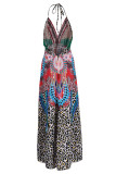 Turquoise Fashion Sexy Print Bandage Backless Spaghetti Strap Long Dress