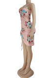 Pink Fashion Sexy Print Draw String Backless Spaghetti Strap Sleeveless Dress