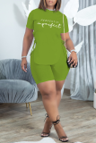 Green Sexy Print Slit O Neck Short Sleeve Two Pieces