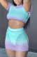 Blue Purple Sexy Gradual Change Print Patchwork See-through O Neck Short Sleeve Two Pieces