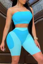 Baby Blue Fashion Sexy Print Backless Strapless Sleeveless Two Pieces