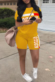 Yellow Fashion Casual Letter Print Basic O Neck Short Sleeve Two Pieces