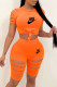 Orange Fashion Casual Print Ripped O Neck Short Sleeve Two Pieces