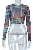 Black Sexy Print Mesh O Neck Tops