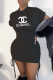 Black Fashion Sexy Print Fold Letter O Neck One Step Skirt Dresses