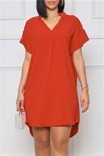 Orange Fashion Casual Solid Patchwork V Neck Short Sleeve Dress