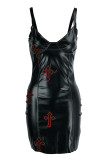 Black Fashion Sexy Solid Patchwork Backless V Neck Sling Dress