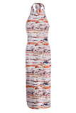 Colour Sexy Print Patchwork Halter Pencil Skirt Dresses