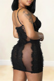 Apricot Fashion Sexy Patchwork See-through Backless Spaghetti Strap Sleeveless Dress