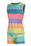 Colour Casual Striped Print Patchwork O Neck Sleeveless Two Pieces