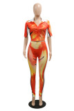 Orange Fashion Casual Print Basic Turndown Collar Short Sleeve Two Pieces