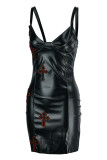 Black Fashion Sexy Solid Patchwork Backless V Neck Sling Dress