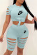 Blue Fashion Casual Print Ripped O Neck Short Sleeve Two Pieces
