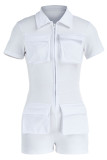 White Casual Solid Patchwork Zipper Turndown Collar Regular Rompers