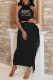 Black Sexy Print Tassel Backless Hot Drill O Neck Sleeveless Two Pieces