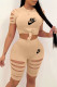 Khaki Fashion Casual Print Ripped O Neck Short Sleeve Two Pieces