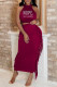 Burgundy Sexy Print Tassel Backless Hot Drill O Neck Sleeveless Two Pieces