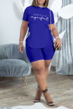 Blue Sexy Print Slit O Neck Short Sleeve Two Pieces