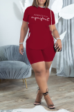 Burgundy Sexy Print Slit O Neck Short Sleeve Two Pieces